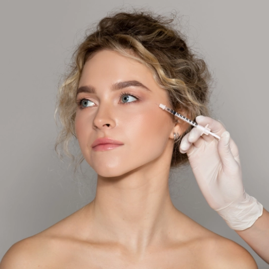 Natural facial appearance with wrinkles removed between the eyebrows and around the eyes