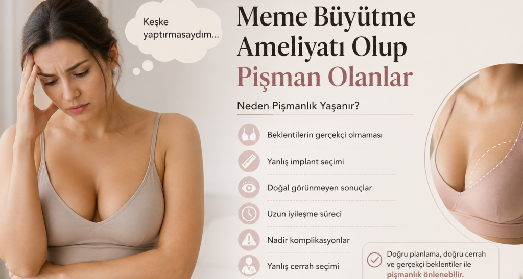 Meme büyütme ameliyatı sonrası pişmanlık nedenlerini değerlendiren kadın