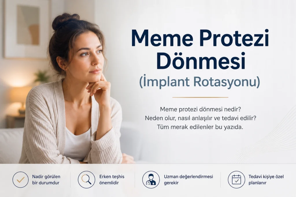 Meme protezi dönmesi (implant rotasyonu) ve flip-flop deformitesini gösteren medikal illüstrasyon. Yuvarlak ve damla implantlarda rotasyon farklarını anlatan görsel.