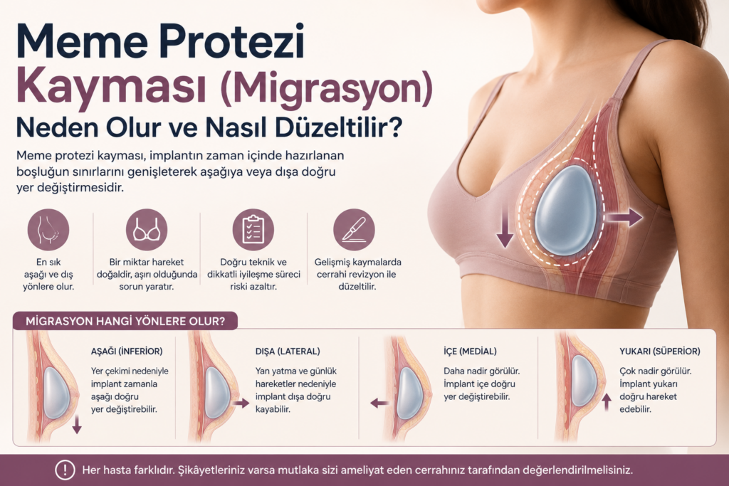 Meme protezi kayması (implant migrasyonu) hakkında bilgilendirici görsel. Protezin aşağı ve dışa doğru yer değiştirmesi, nedenleri ve tedavi seçenekleri.