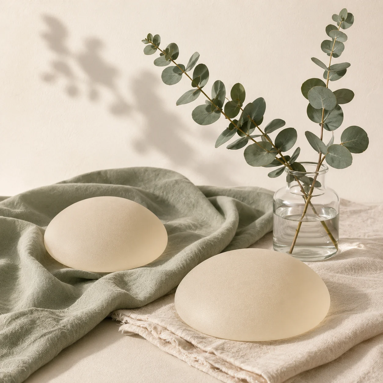 Two breast implants and an eucalyptus arrangement representing breast augmentation surgery