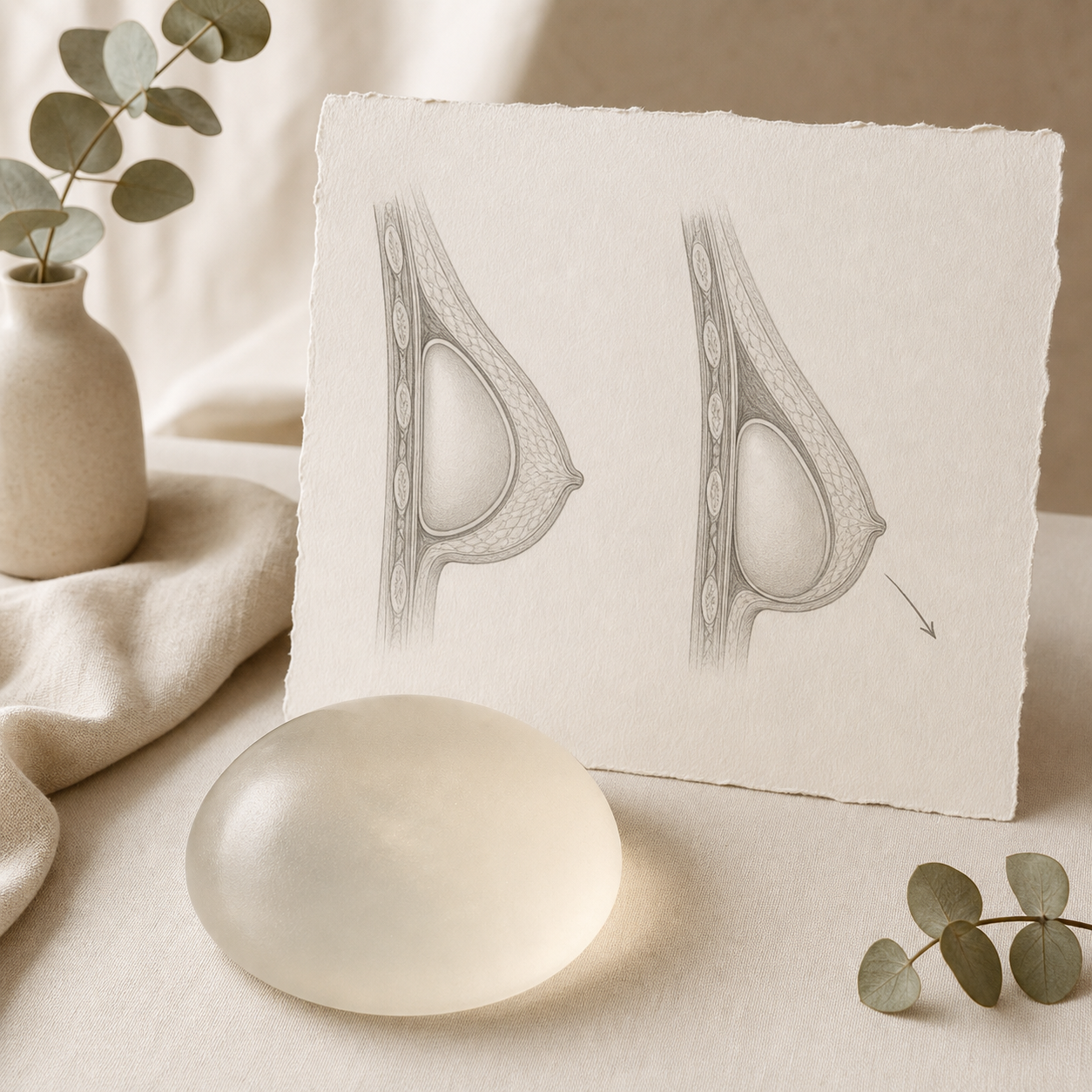 Medical illustration and implant representing breast implant displacement