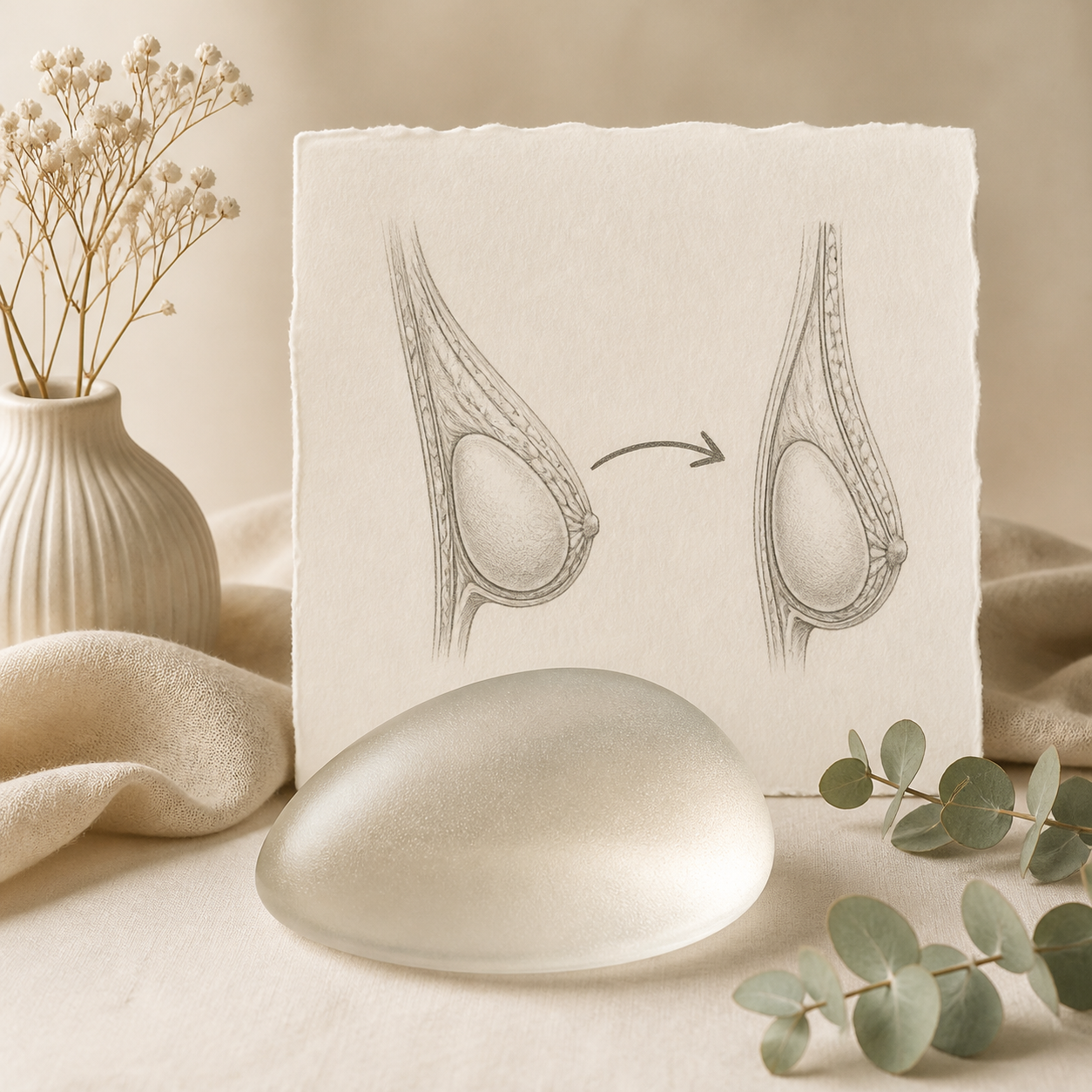 Medical illustration and implant representing breast implant rotation