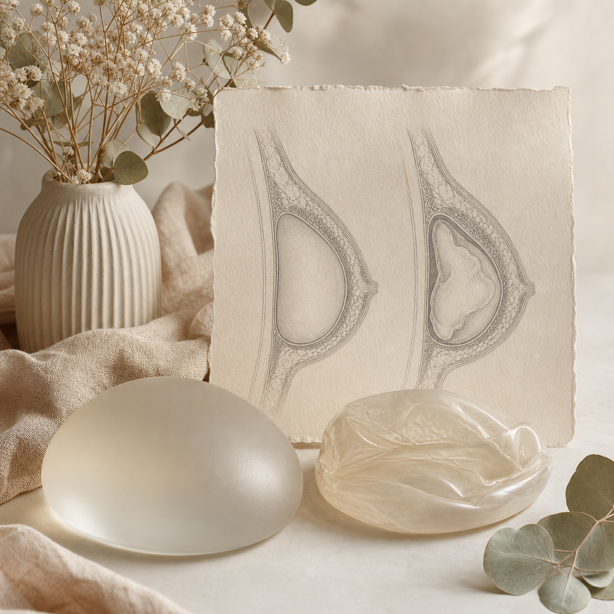 Medical illustration with intact and deformed implants representing implant rupture